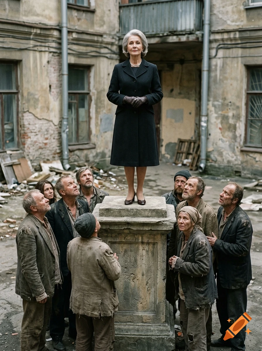 An elegant older woman in a black coat standing on a pedestal, looking down at a crowd of ragged people in a courtyard, photorealistic.