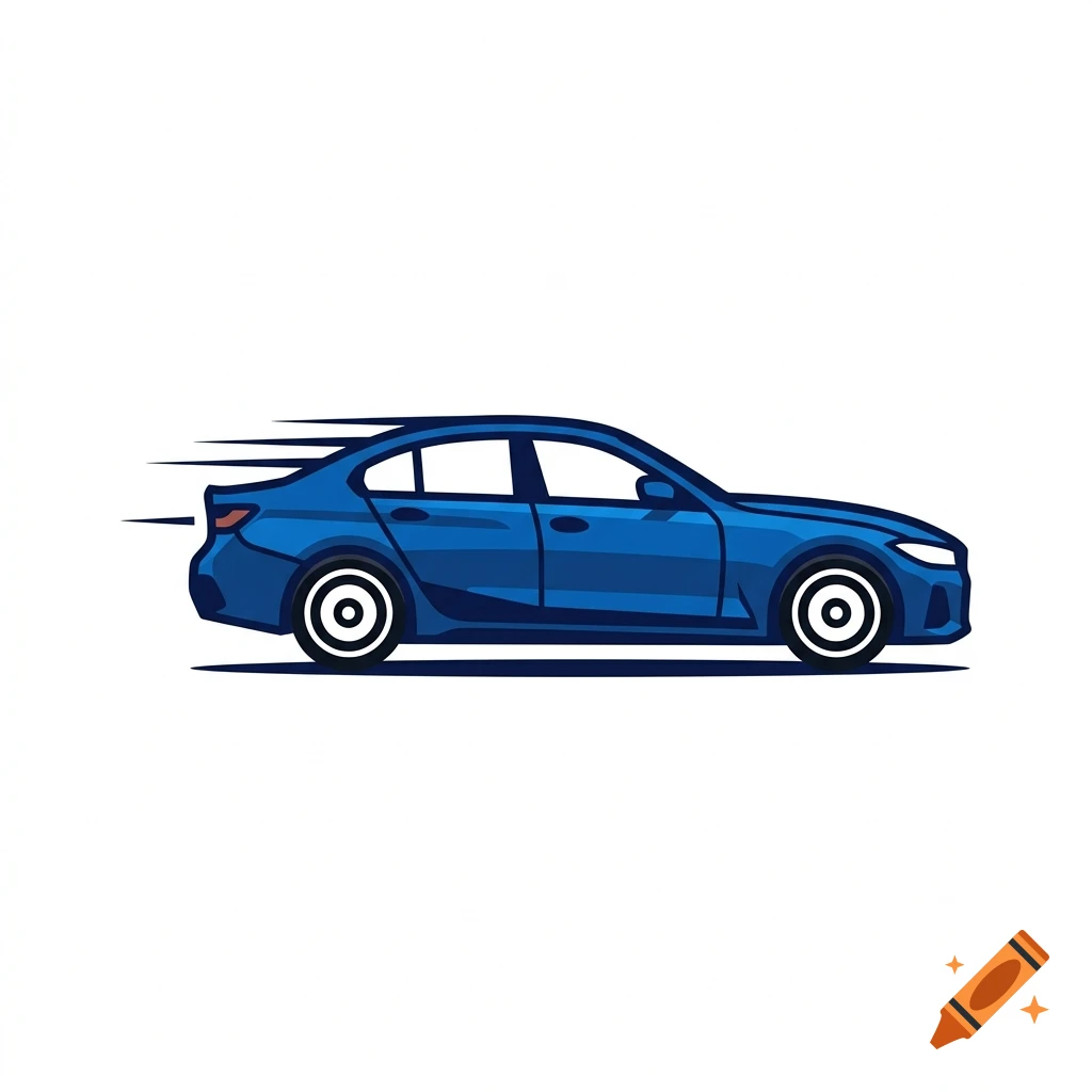 A stylized vector illustration of a blue sedan car speeding, viewed from the side with motion lines behind it.