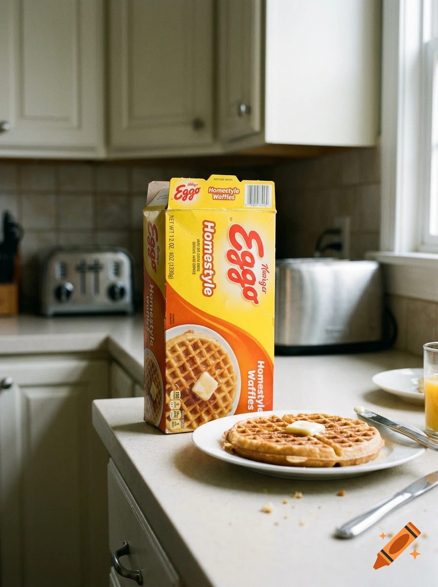 An opened box of Eggo waffles and a single cooked waffle with butter on a plate on a kitchen counter.
