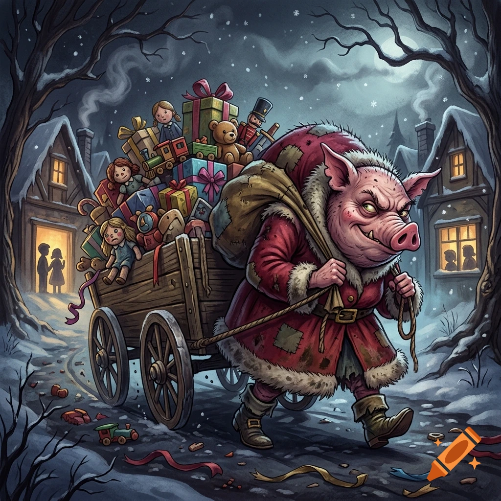 Storybook illustration of a smug anti-Santa pig-woman pulling a wooden wagon packed with toys through a snowy village at night.