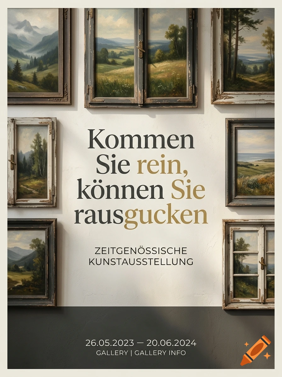Exhibition poster with German text and framed landscape paintings arranged on a wall.