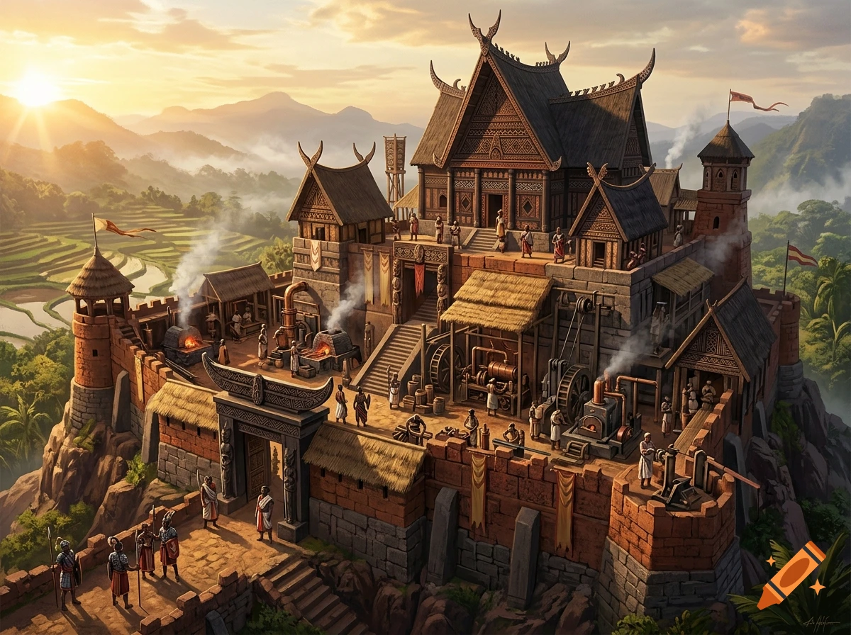 An intricate digital painting of a fortified medieval Asian-inspired mountaintop castle at sunrise, with tiered stone walls, wooden architecture, traditional tiled roofs, active courtyards with machinery, smoking forges, and guards patrolling.