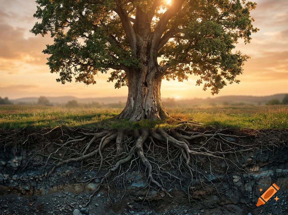 Photorealistic sunset landscape showing a large oak tree above ground with its extensive root system visible beneath the earth.