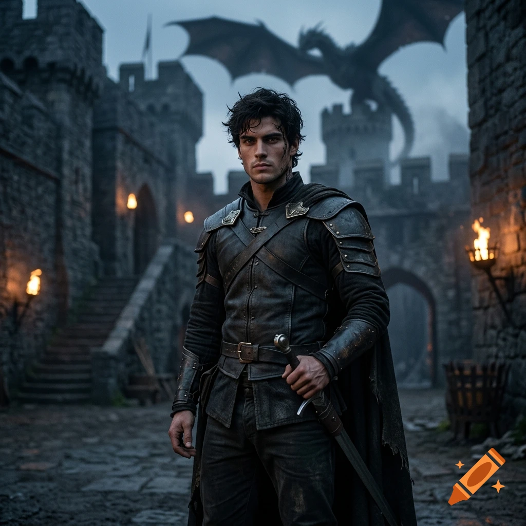 Photorealistic depiction of a dark-haired warrior in leather armor holding a sword, standing in a medieval castle courtyard with a dragon perched on a tower in the background.