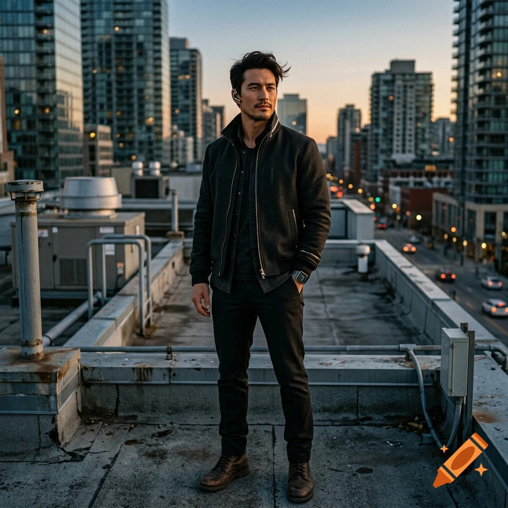 Photorealistic image of a stylish man standing on a rooftop overlooking a city at dusk.