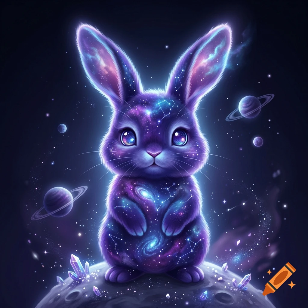 Digital illustration of a cute purple cosmic rabbit with galaxy patterns and glowing stars sitting on a moon surrounded by planets and crystals.