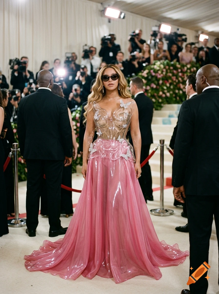 Beyonce in a sheer, molded plastic gown with pink skirt, sunglasses, and blonde hair, surrounded by photographers and security guards on a red carpet.