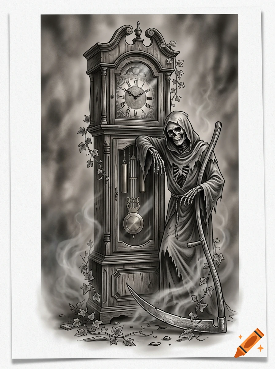Black and grey tattoo design of the Grim Reaper leaning against an ornate grandfather clock with ivy and mist, realistic style.