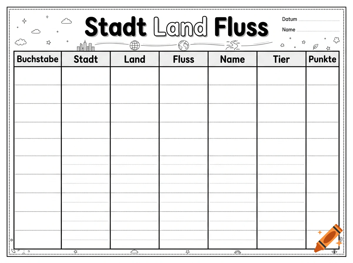Printable black and white Stadt Land Fluss game sheet template with columns for letter, city, country, river, name, animal, and points.
