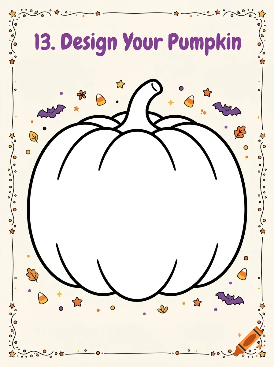 A coloring page illustration featuring a large outlined pumpkin in the center, surrounded by Halloween-themed elements like bats, candy corn, and autumn leaves, with the text '13. Design Your Pumpkin' at the top.