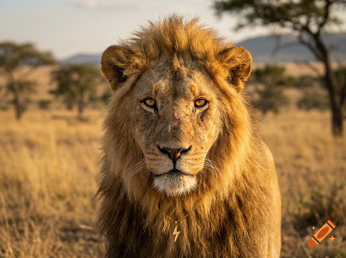 Close-up photorealistic portrait of a male lion with a scar on its nose wearing a gold lightning bolt necklace in the savanna.