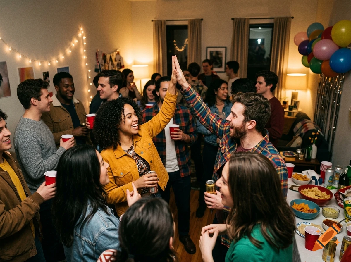 A lively party with a group of diverse young adults smiling, drinking, and two people high-fiving in the center, photorealistic.