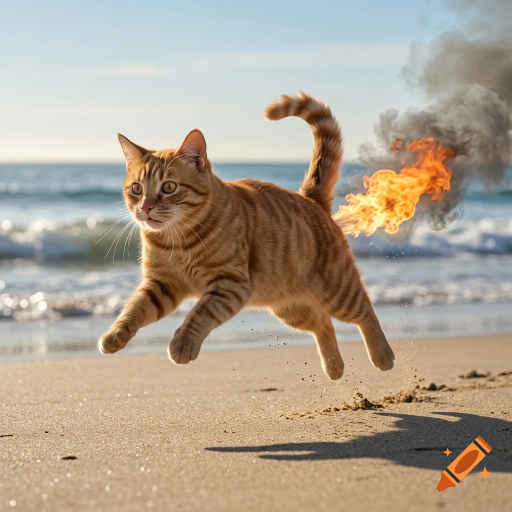 Photorealistic ginger cat leaping on a sandy beach with a cartoonish flame and smoke erupting from its tail.
