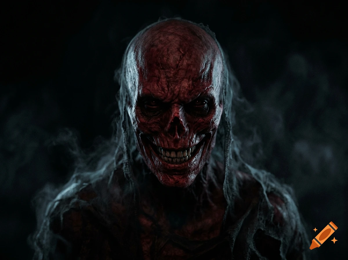 A menacing red skull-faced creature with glowing eyes and bared teeth wearing tattered hooded robes in a dark, smoky atmosphere.