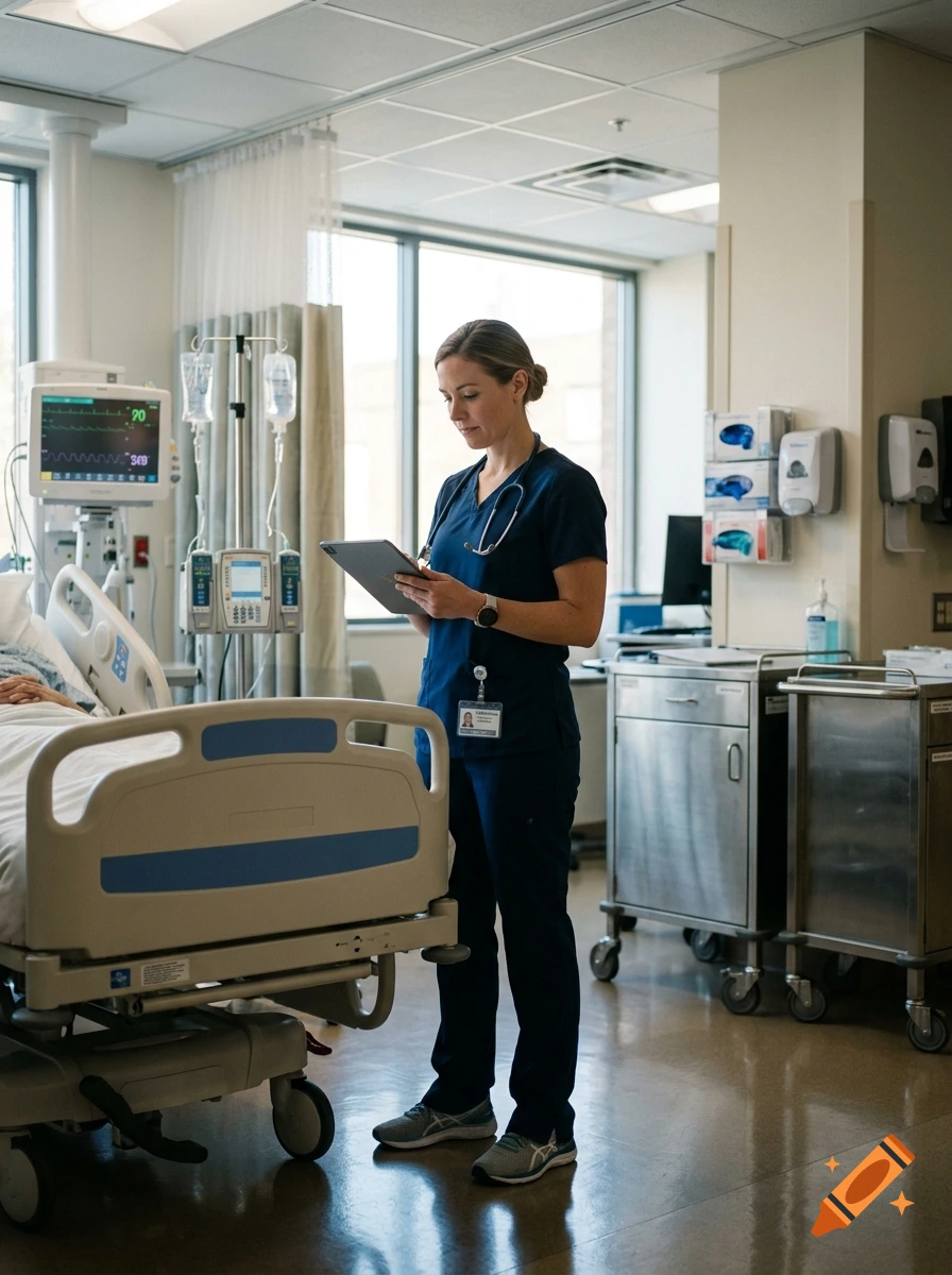 Photorealistic image of a female nurse in navy scrubs standing in a hospital room, looking down at a tablet.