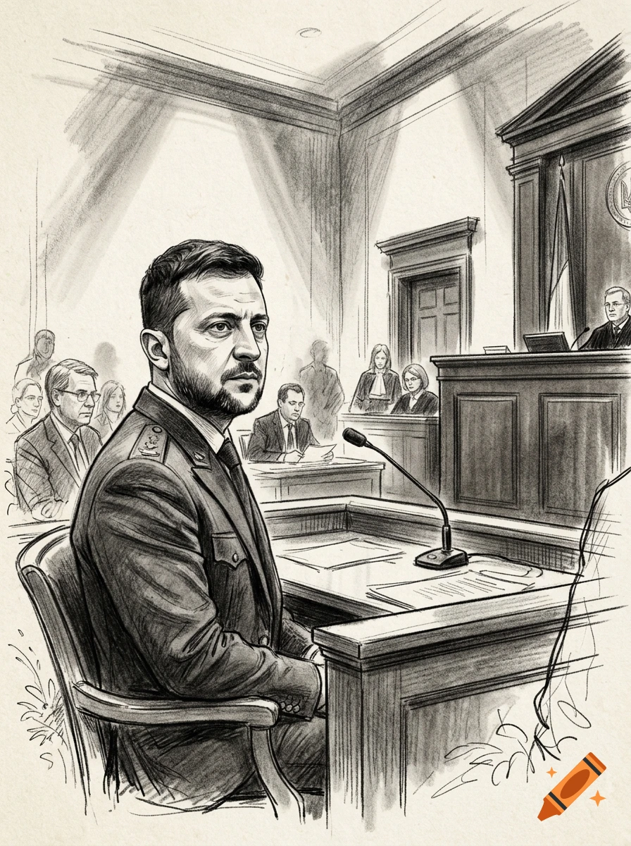 A courtroom sketch showing Volodymyr Zelenskyy sitting at a defense table in a courtroom.