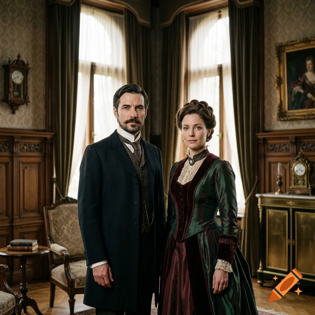 Photorealistic portrait of a 19th-century couple standing in a wood-paneled room with large windows.