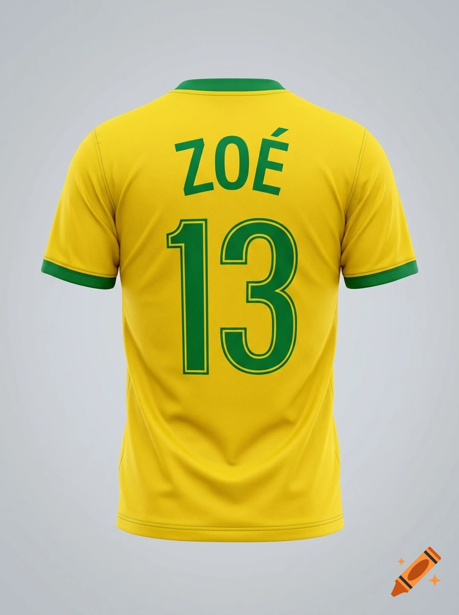 Yellow and green Brazilian soccer jersey seen from the back, featuring the name ZOÉ and the number 13.