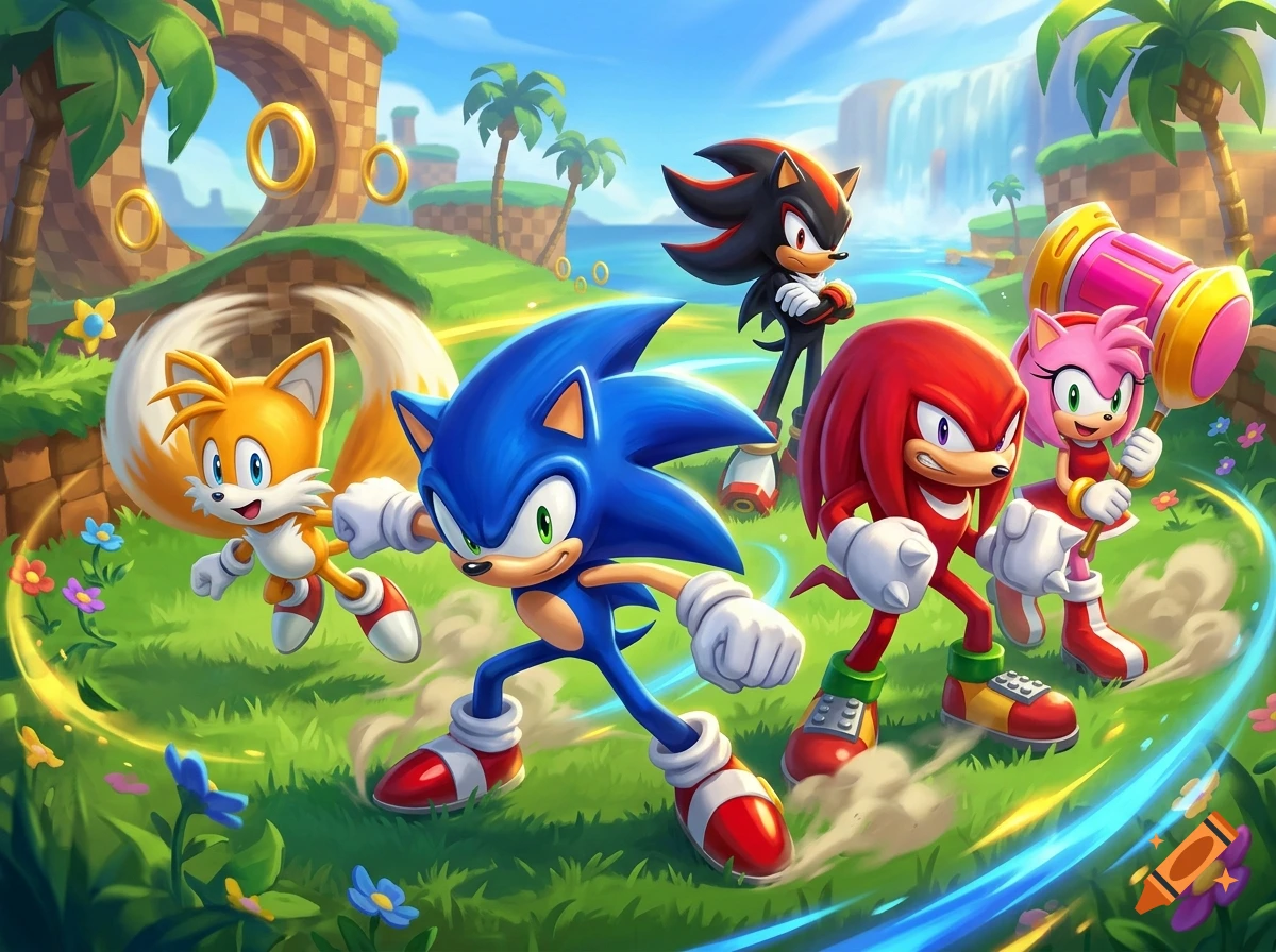 Digital illustration of Sonic, Tails, Knuckles, Shadow, and Amy posing in a vibrant Green Hill Zone.