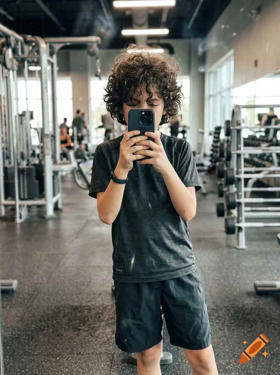 A young boy with curly hair taking a mirror selfie in a gym holding a smartphone.