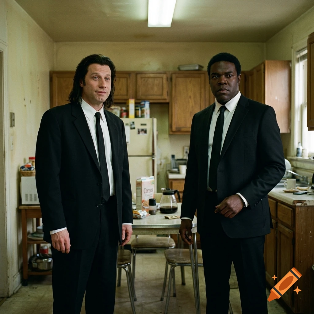 Photorealistic parody of Pulp Fiction featuring two men in black suits standing in a rustic kitchen.