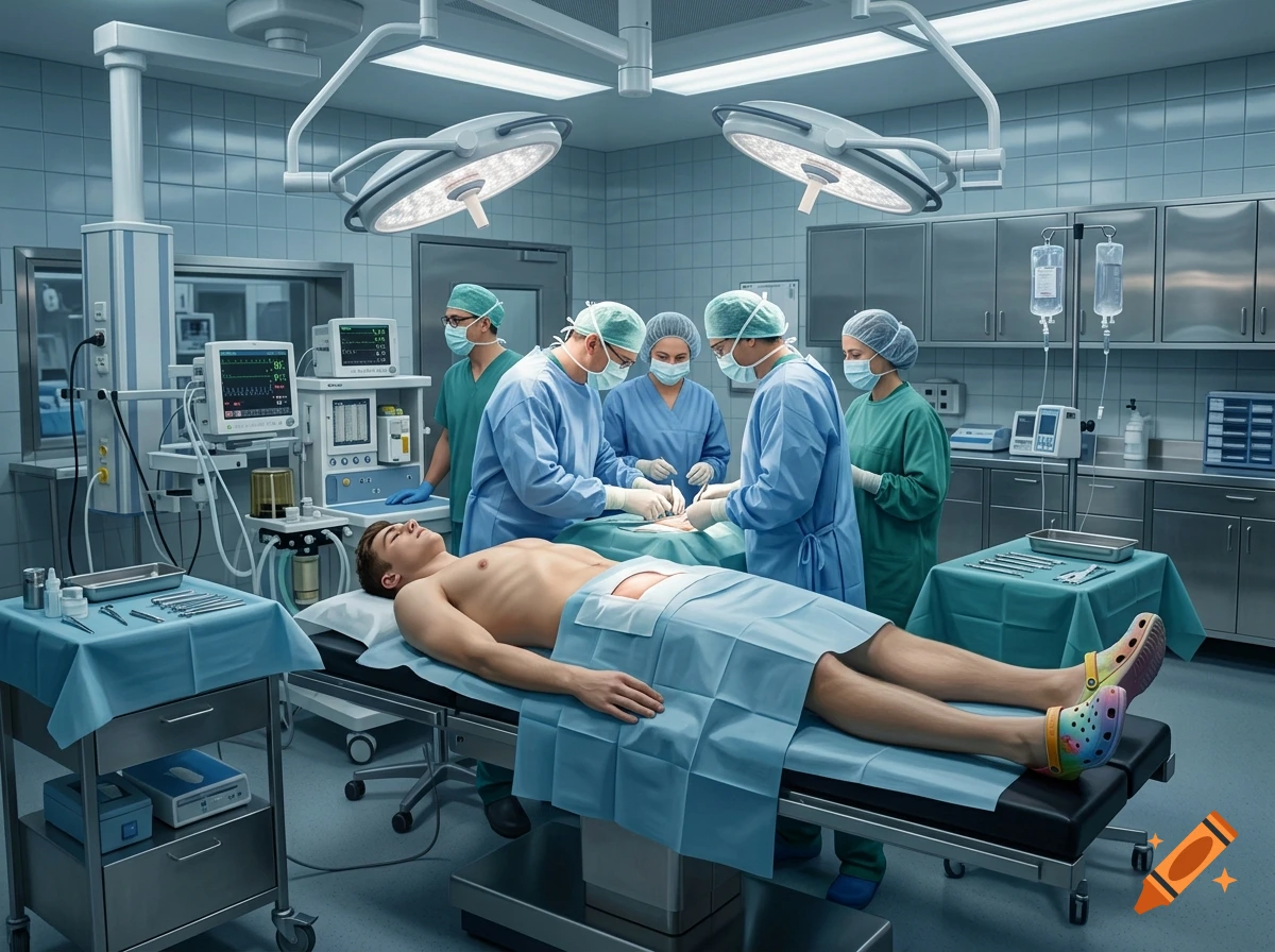 Photorealistic operating room scene with a team of surgeons operating on a male patient lying on a surgical table.