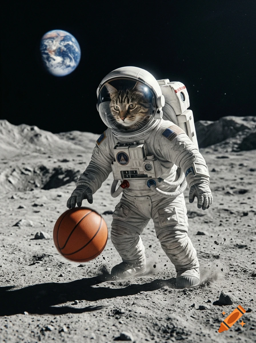 Photorealistic image of a tabby cat wearing an astronaut suit, dribbling a basketball on the moon's surface with Earth in the background.