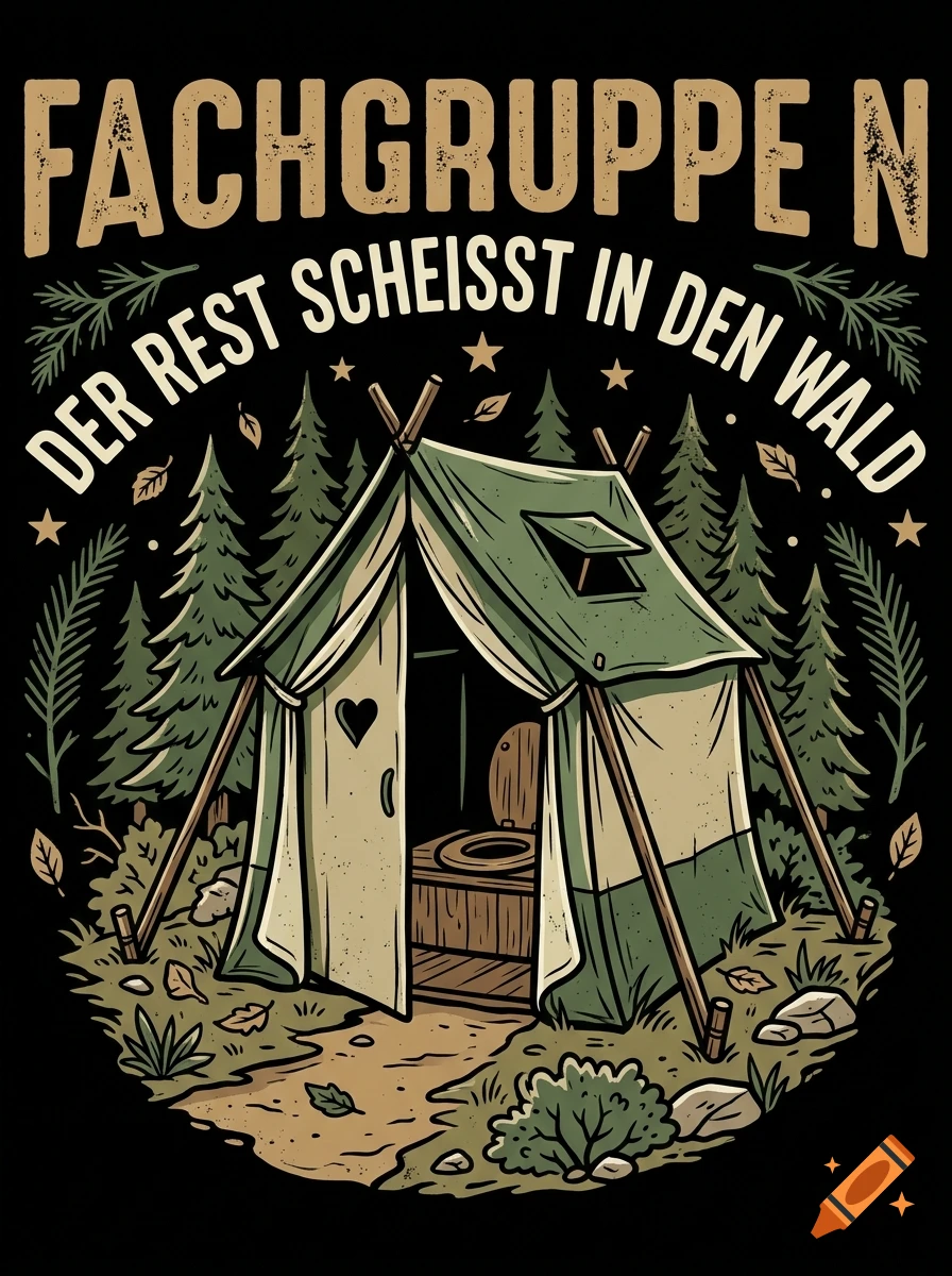 An illustrated camping toilet tent set up in a forest with German text at the top.