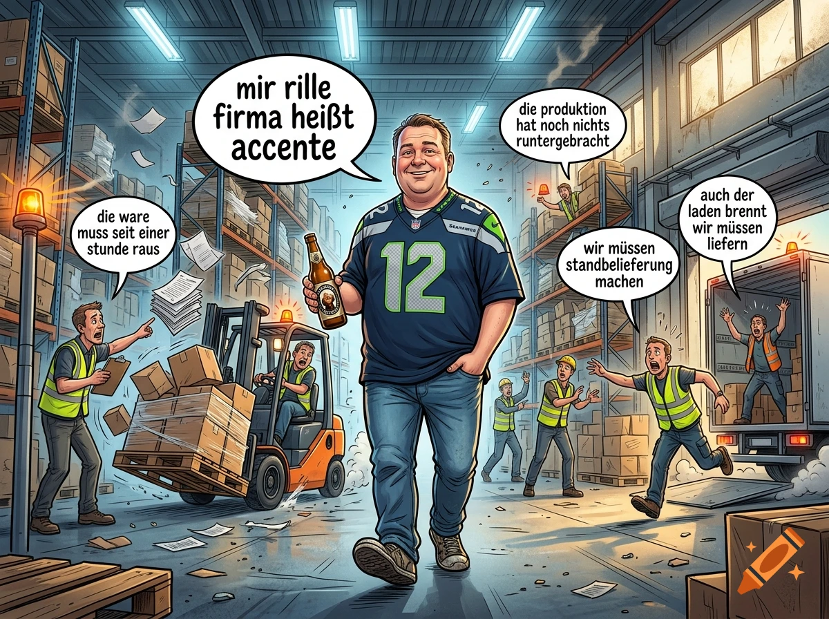 Comic-style illustration of a smiling logistics manager holding a beer walking through a chaotic warehouse with panicked coworkers.