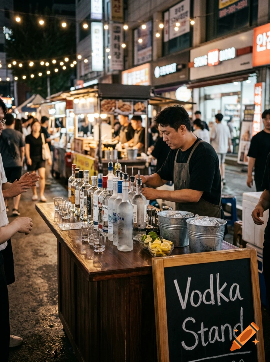 Photorealistic street scene of a vendor working at an outdoor vodka stand at night.