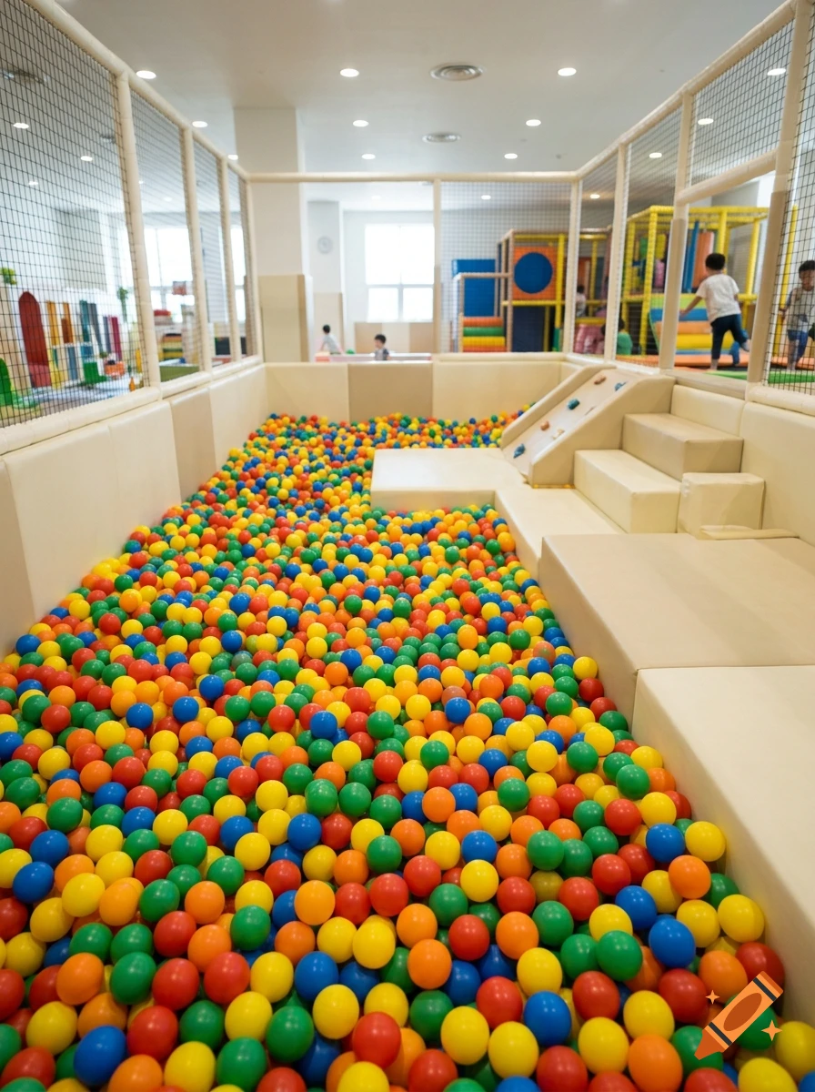 An indoor children's playground featuring a large ball pit filled with colorful plastic balls, surrounded by padded walls and a climbing structure with stairs.