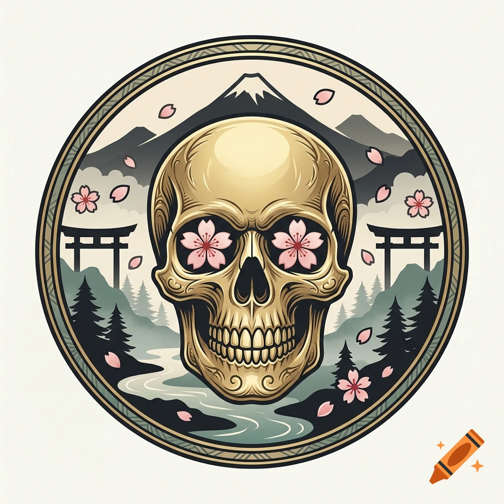 Circular emblem featuring a golden skull with cherry blossoms in its eye sockets, set against a Japanese landscape with Mount Fuji.