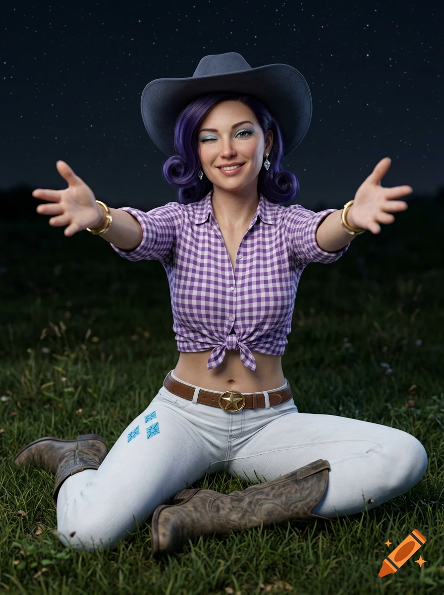 Photorealistic image of a smiling woman with purple hair, a cowgirl hat, and a checkered shirt sitting in the grass.