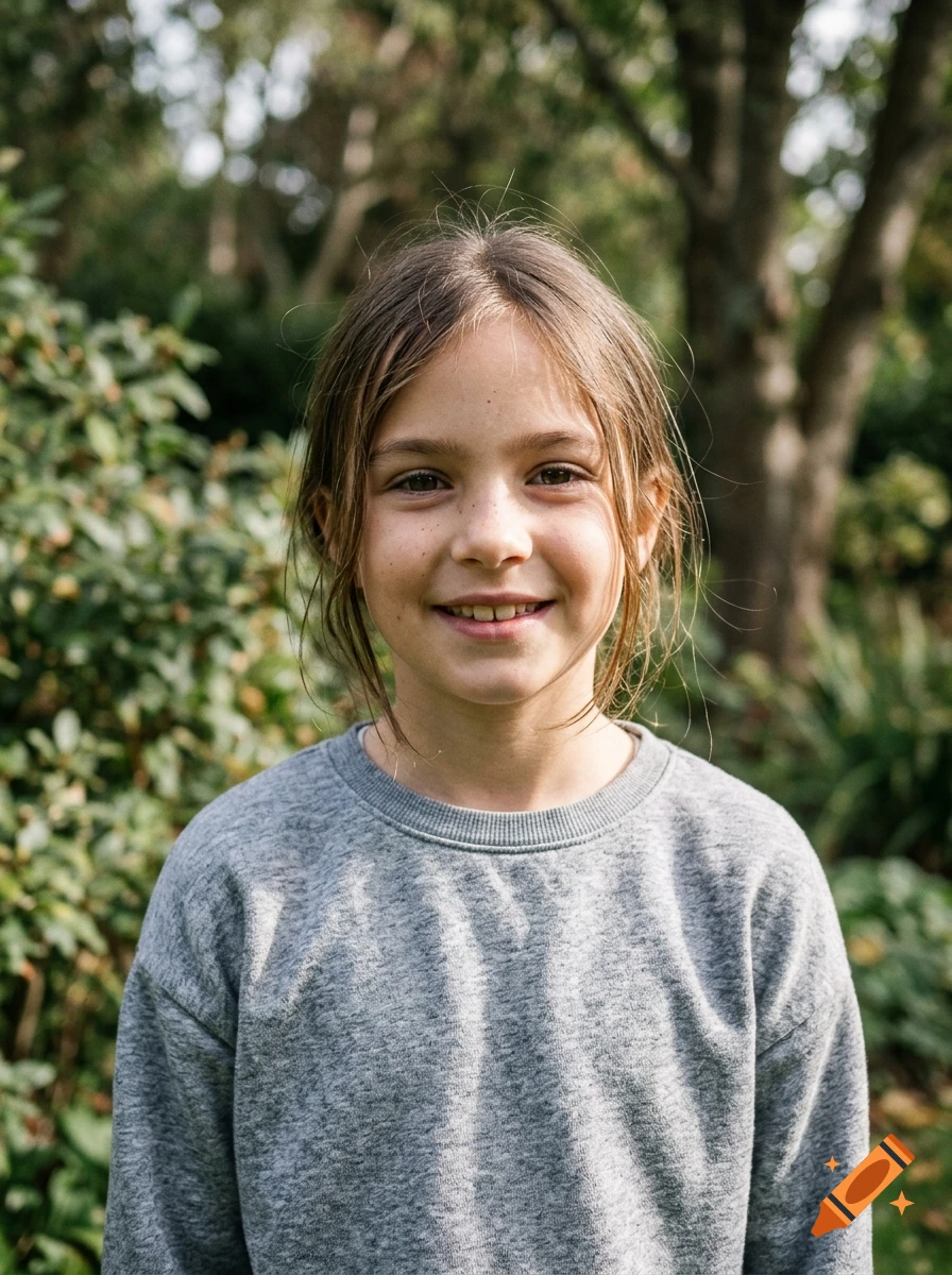 Portrait of a smiling young girl with brown hair wearing a grey sweatshirt outdoors with trees in the background.