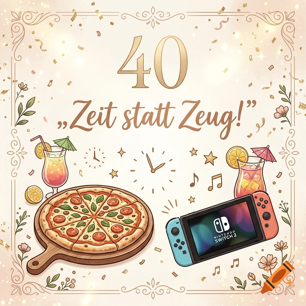 An illustrated birthday invitation card for a 40th birthday featuring a pizza, a handheld video game console, cocktails, clocks, music notes, and flowers, with the German text Zeit statt Zeug.