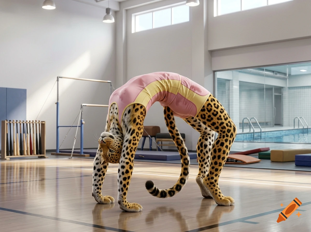 An anthromorphic leopard wearing a pink and yellow leotard performs a backbend in a brightly lit indoor gymnasium.