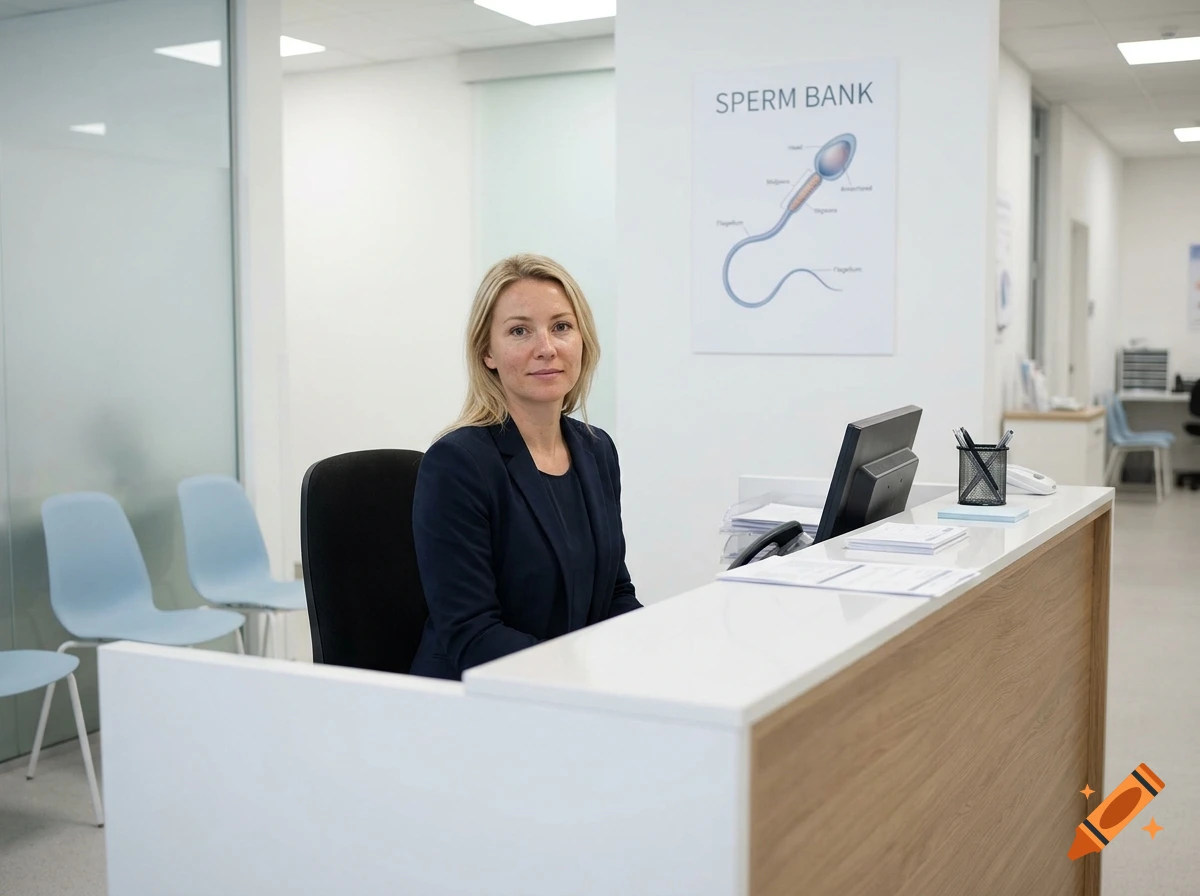 Photorealistic image of a blonde female receptionist in a dark blue blazer sitting behind a white desk in a sperm bank office.