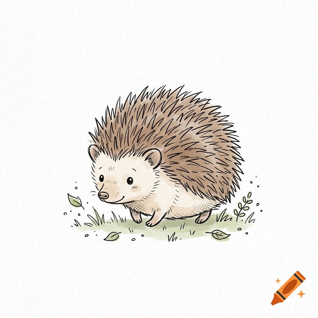 A cute watercolor doodle of a small hedgehog walking in the grass with scattered leaves.