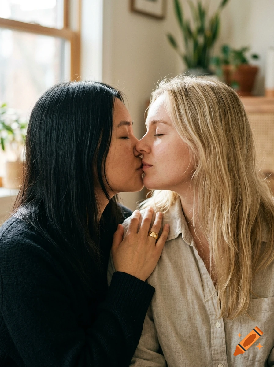 Close-up portrait of two women kissing gently indoors with a soft natural light.