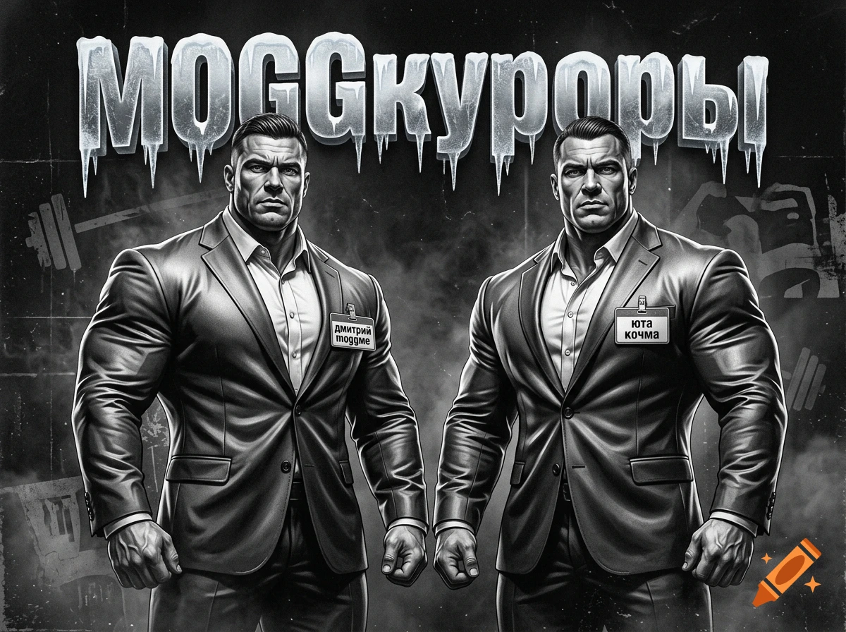 Black and white gritty illustration of two muscular men in tailored suits standing side by side with ice-effect text above.