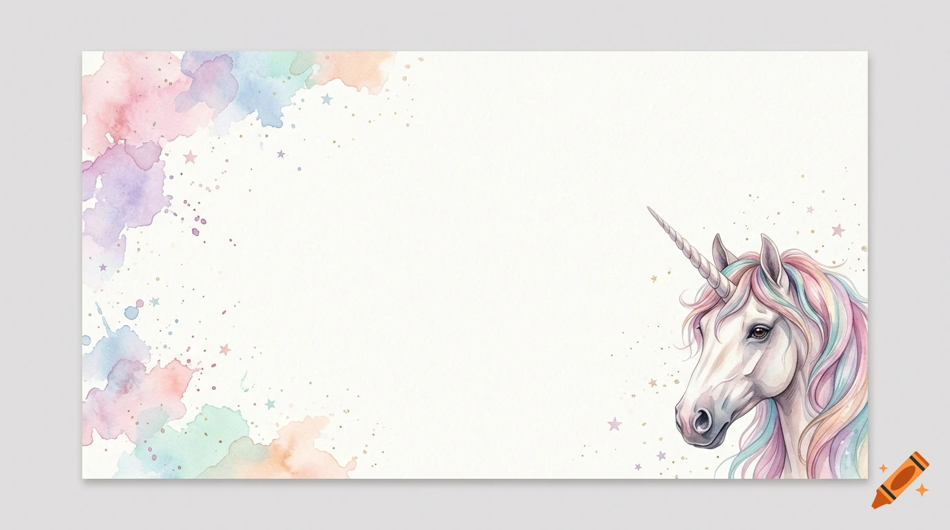 Watercolor label background with pastel splashes and a detailed unicorn head on the right.