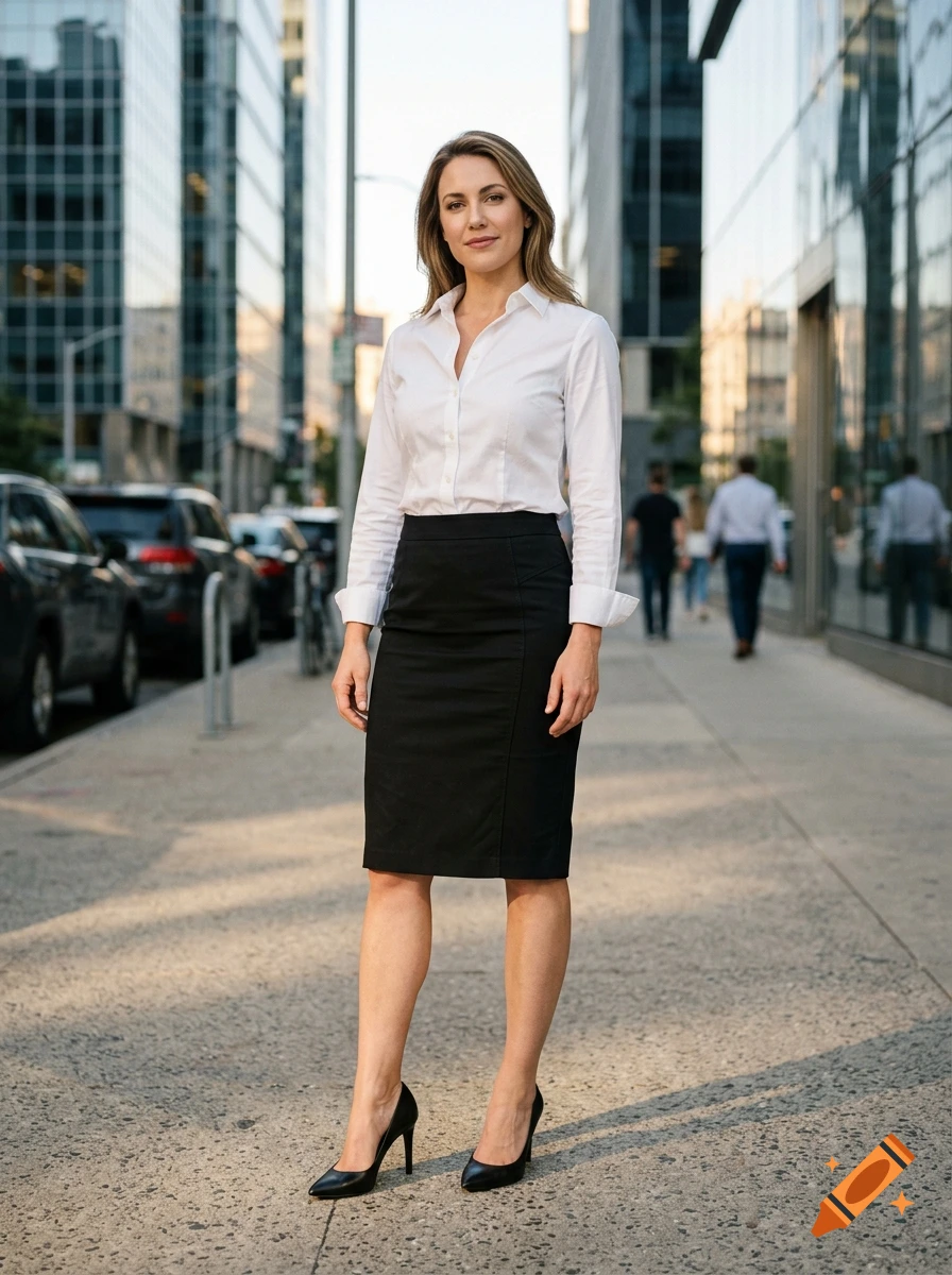Full-body shot of a woman in a white button-down shirt, black pencil skirt, and black high heels standing on a city sidewalk.