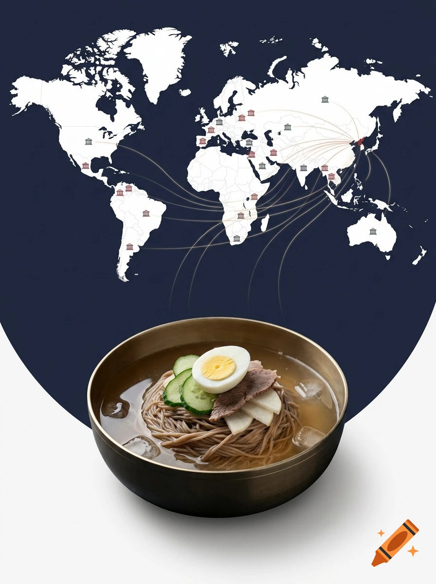 A poster featuring a world map with connection lines and a bowl of naengmyeon in the foreground.