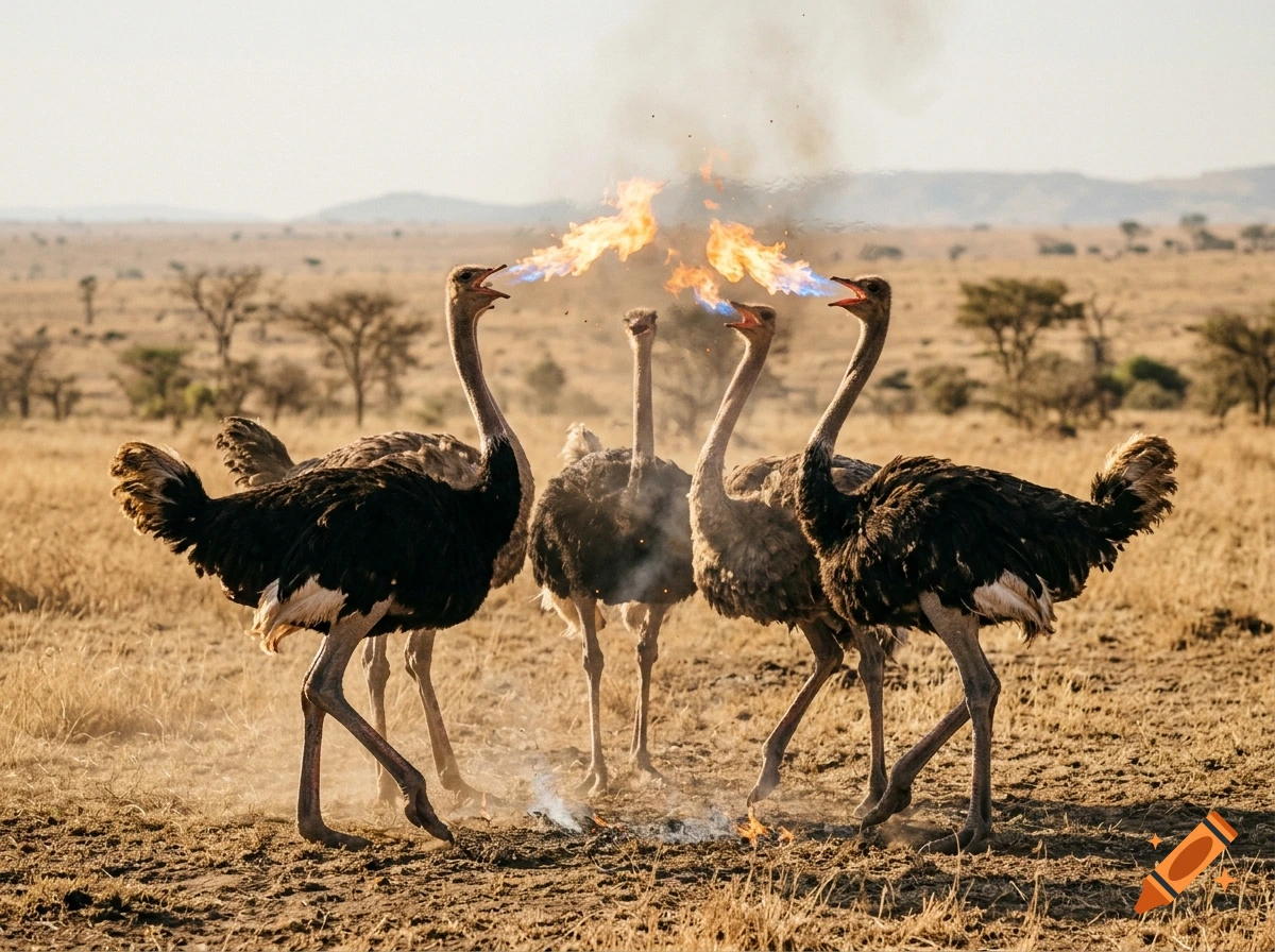 Photorealistic image of four ostriches standing in an African savanna, breathing fire from their beaks.