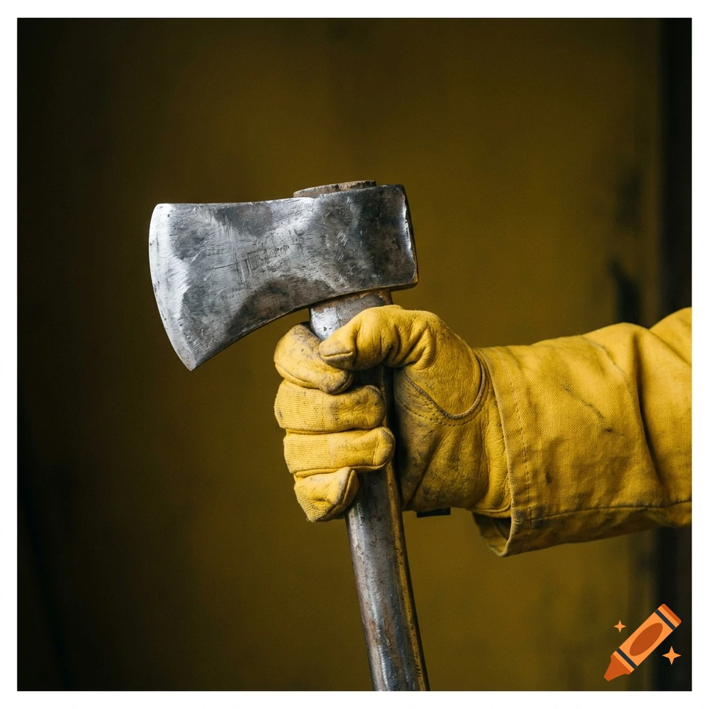 Close-up of a hand wearing a yellow work glove gripping an axe handle against a dark yellow background.
