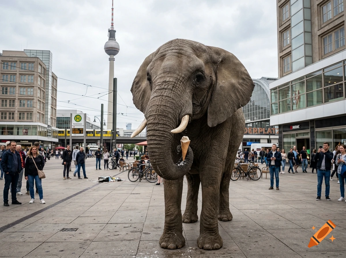 Photorealistic image of an elephant holding an ice cream cone in the middle of Alexanderplatz in Berlin, with the TV tower in the background.