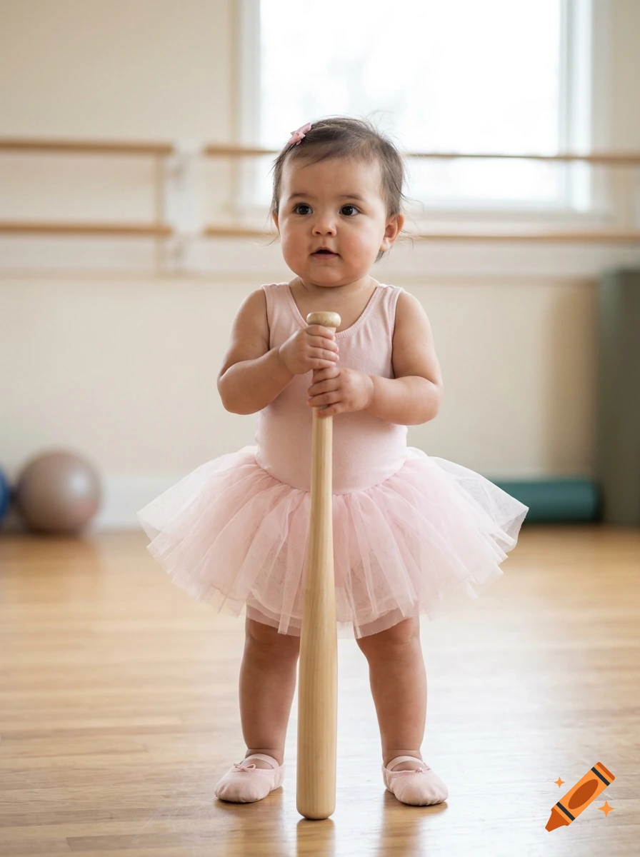 Photorealistic image of a baby girl dressed as a ballerina holding a baseball bat standing on a wooden floor.