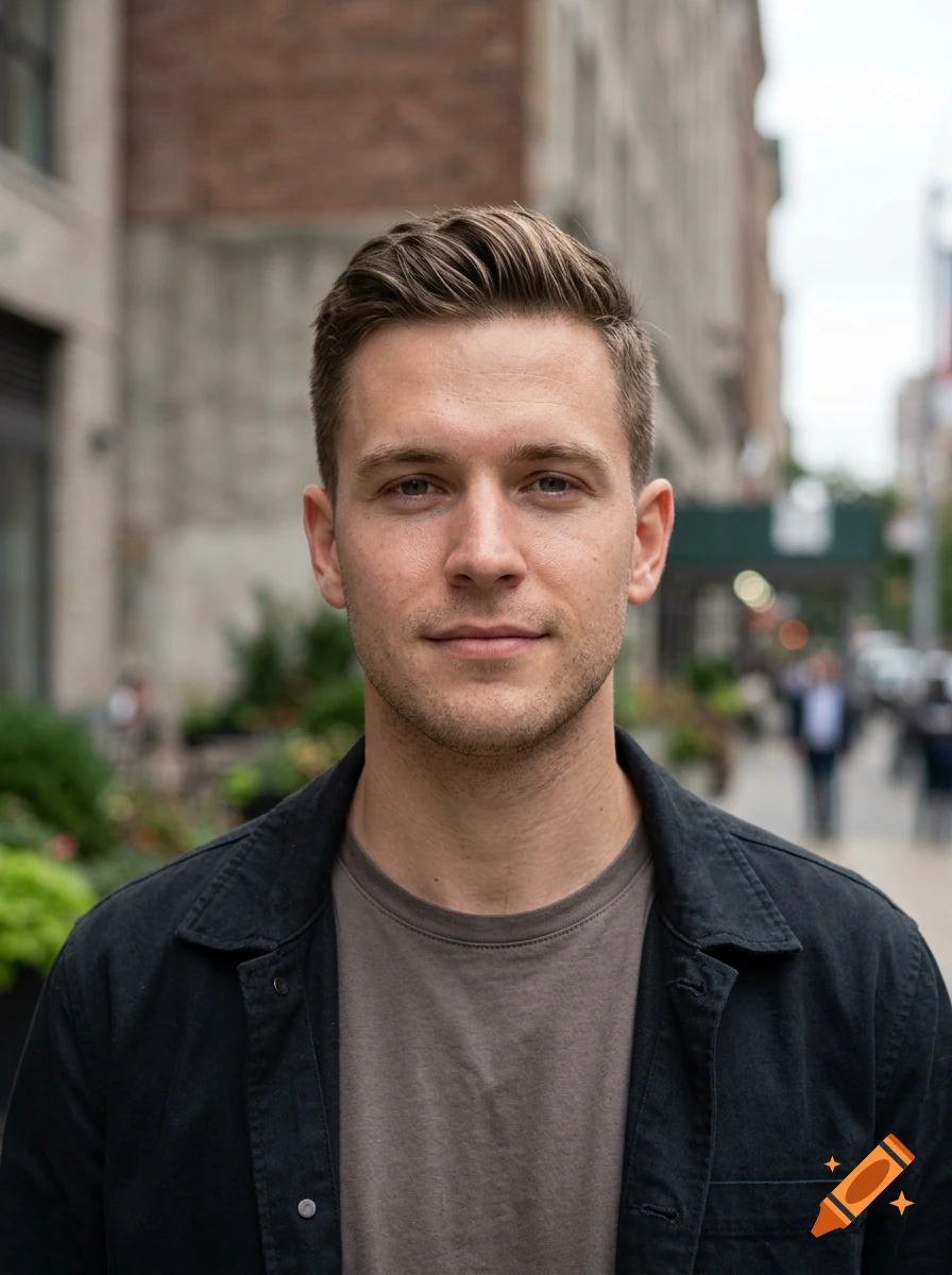 Photorealistic portrait of a young blond man outdoors in a city setting, wearing a dark jacket over a grey t-shirt.