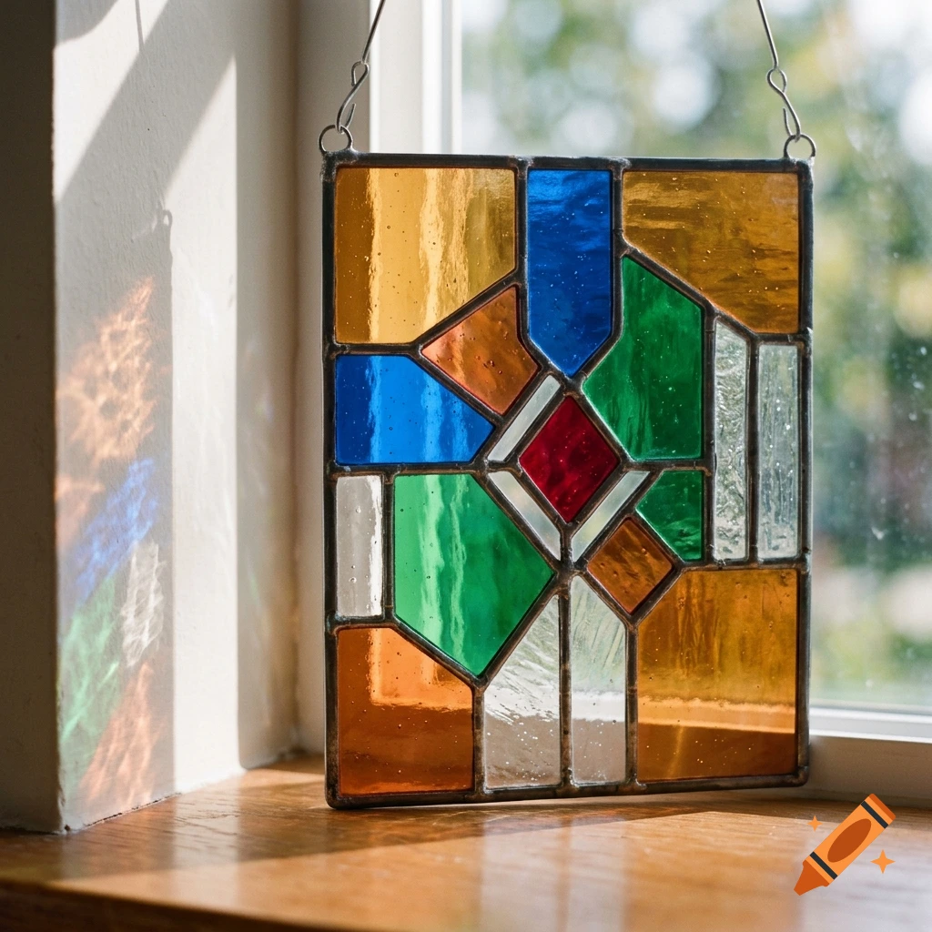 Colorful geometric stained glass suncatcher hanging in a sunny window with sunlight casting colored light onto a white wall.