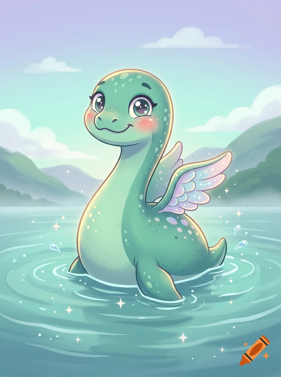 A cute, smiling green fantasy sea creature with small wings emerges from calm water, surrounded by sparkles.